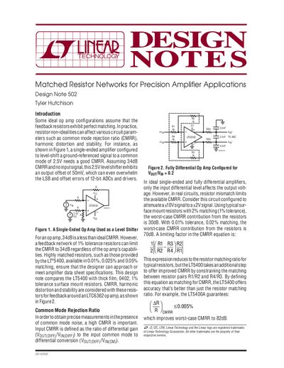 Linear Technology Design Note 502 Matched Resistor Networks for Precision Amplifier Applications - cover page