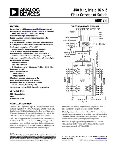 Analog Devices AD8178 Video Crosspoint Switch Datasheet
