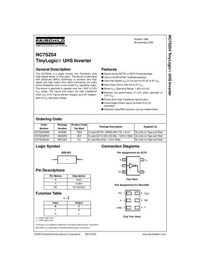 Fairchild NC7SZ04 TinyLogic UHS Inverter Datasheet - cover page