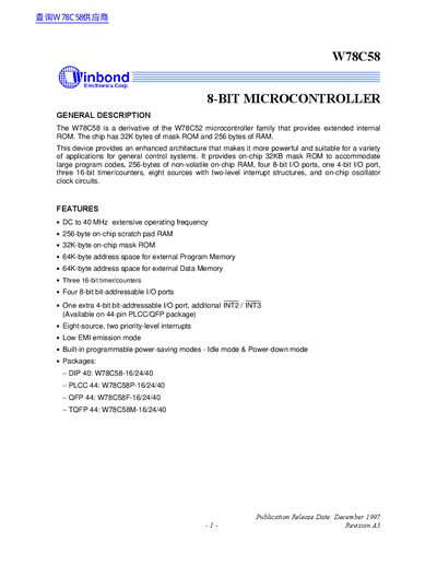 Winbond W78C58 8-bit Microcontroller Datasheet - cover page