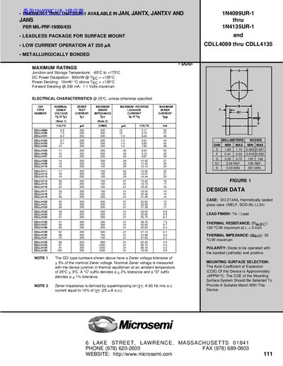 Microsemi 1N4099UR-1 thru 1N4135UR-1 CDLL4099 thru CDLL4135 Data Sheet - cover page