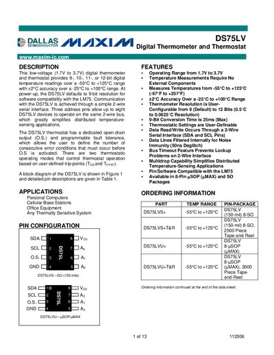 Maxim DS75LV Digital Thermometer and Thermostat Datasheet - cover page
