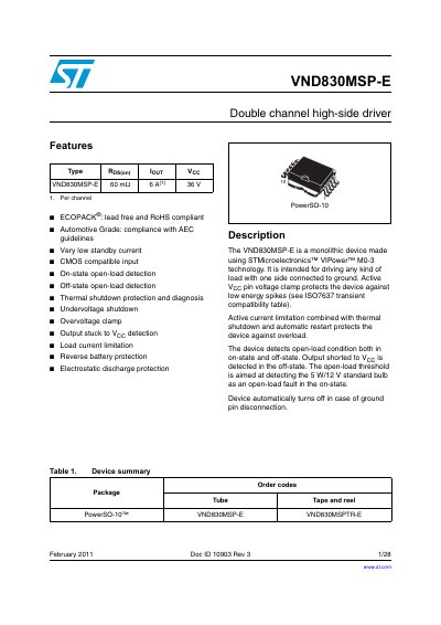 STMicroelectronics VND830MSP-E Double Channel High-Side Driver Datasheet