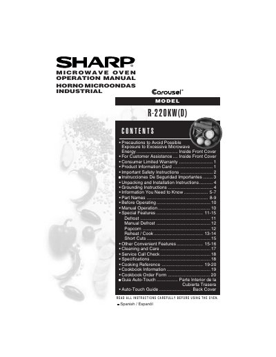 Sharp R-220KW(D) Carousel Microwave Oven Operation Manual