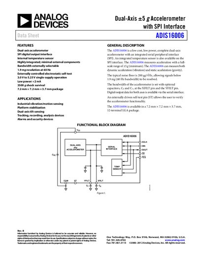 Analog Devices ADIS16006 Accelerometer Datasheet - cover page