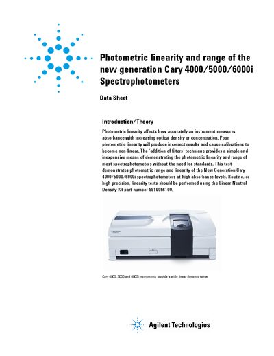 Agilent Cary 4000/5000/6000i Spectrophotometer Photometric Linearity Data Sheet - cover page