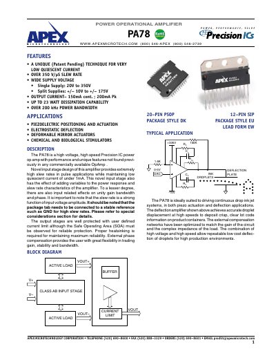 Apex PA78 Power Operational Amplifier Datasheet - cover page