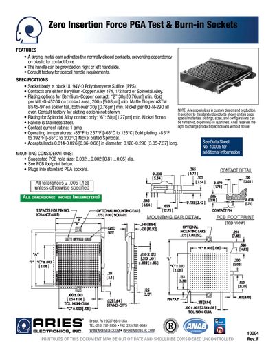 Aries Zero Insertion Force PGA Test Burn-in Sockets Handbook - cover page