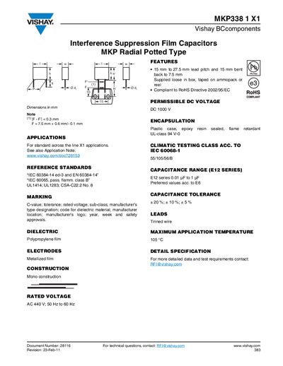 Vishay MKP338 1 X1 Interference Suppression Film Capacitors Datasheet - cover page