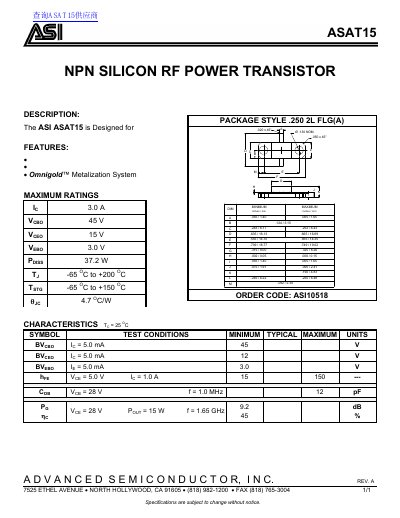 ASI ASAT15 NPN Silicon RF Power Transistor Datasheet - cover page