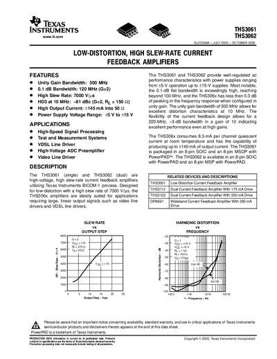 Texas Instruments THS3061/THS3062 Low-Distortion Amplifier Datasheet - cover page
