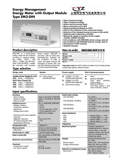 YZ EM3-DIN Energy Meter with Output Module Datasheet - cover page