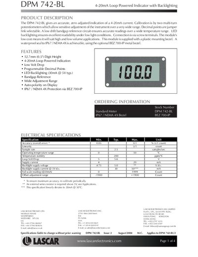 Lascar DPM 742-BL 4-20mA Loop Powered Indicator with Backlighting Handbook - cover page