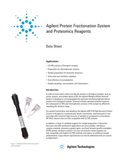 Agilent Protein Fractionation System and Proteomics Reagents Data Sheet - cover page