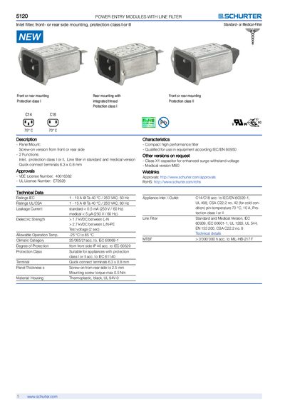 SCHURTER 5120 Power Entry Module with Line Filter Datasheet - cover page
