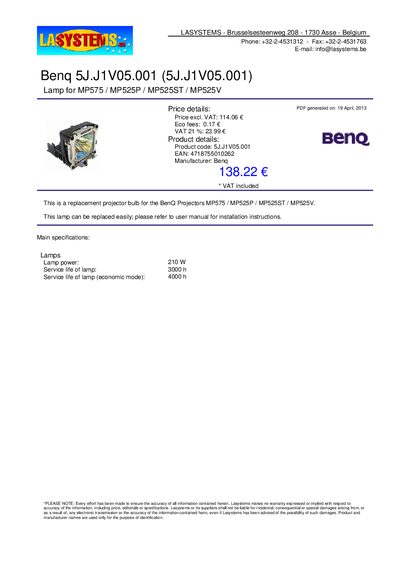 Beng 5J.J1V05.001 Lamp for BenQ MP575/MP525P/MP525ST/MP525V Product Leaflet - cover page