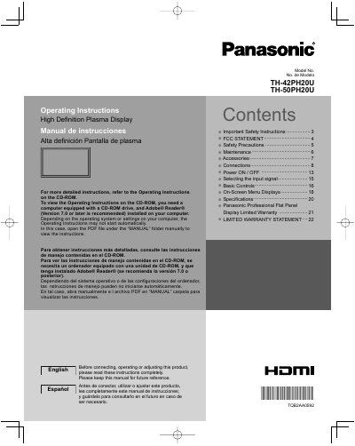 Panasonic TH-42PH20U/TH-50PH20U Plasma Display Operating Instructions - cover page
