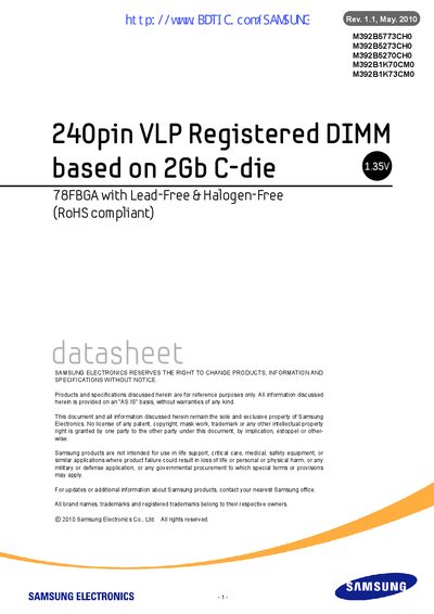 Samsung M392B1K70CM0 DDR3L VLP Registered DIMM Datasheet