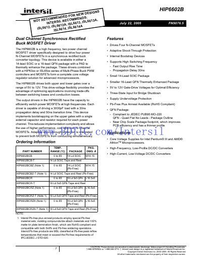 Intersil HIP6602B Dual Channel MOSFET Driver Datasheet - cover page