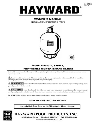 Hayward Pro Series High-Rate Sand Filters Installation Operation and Parts Manual Models S310T2 S360T2 - cover page