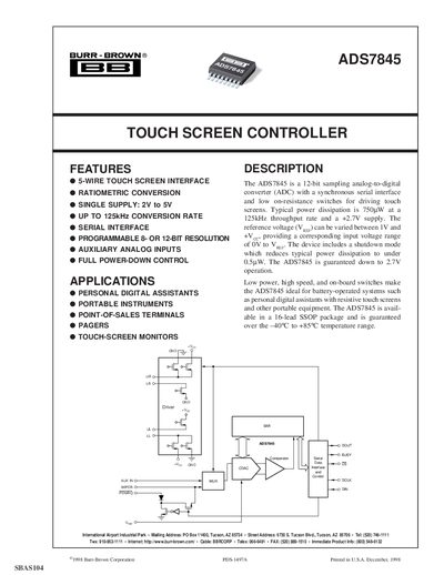 Texas Instruments ADS7845 Touch Screen Controller Datasheet - cover page