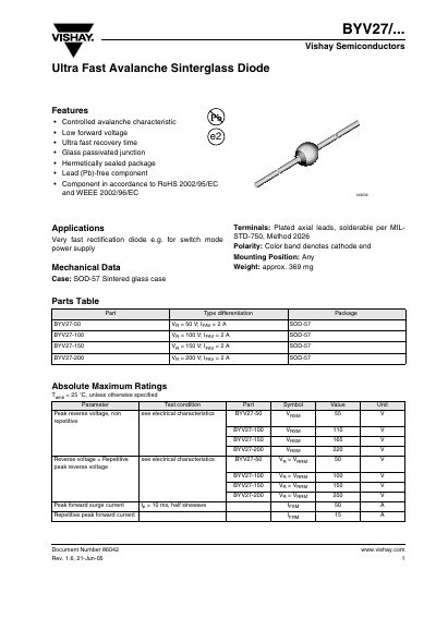 Vishay BYV27 Ultra Fast Avalanche Sinterglass Diode Datasheet - cover page