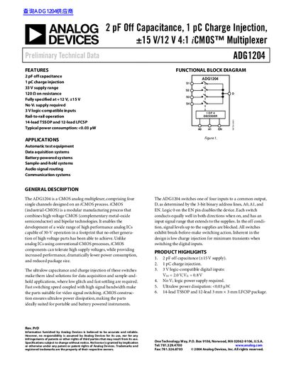 Analog Devices ADG1204 4:1 iCMOS Multiplexer Datasheet - cover page