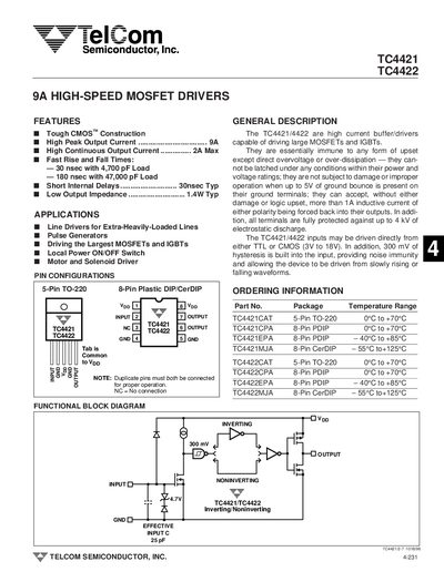 TelCom TC4421/TC4422 9A High-Speed MOSFET Drivers Datasheet - cover page