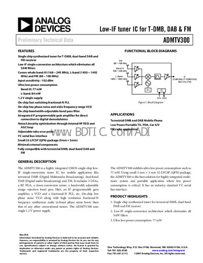 Analog Devices ADMTV300 Low‑IF Tuner IC Datasheet - cover page