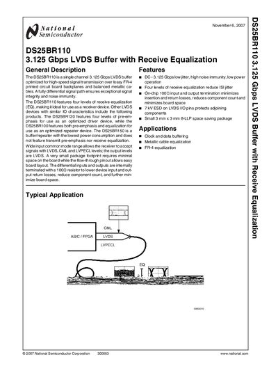 National Semiconductor DS25BR110 3.125 Gbps LVDS Buffer with Receive Equalization Datasheet - cover page