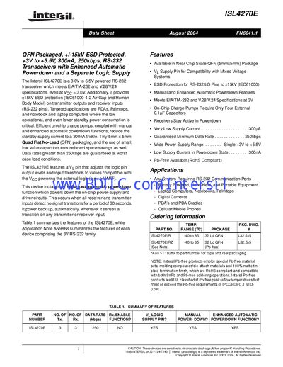 Intersil ISL4270E RS-232 Transceiver Datasheet - cover page