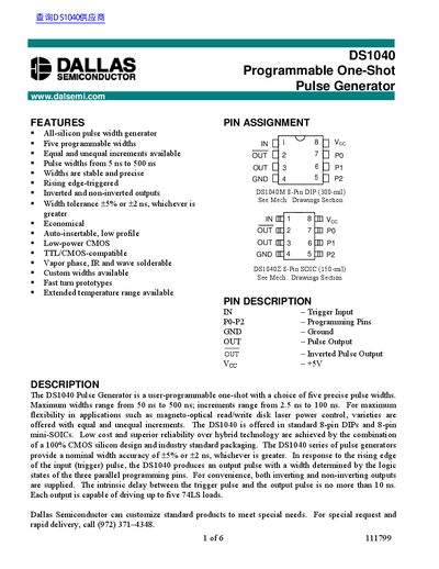 Dallas DS1040 Programmable One-Shot Pulse Generator Datasheet - cover page