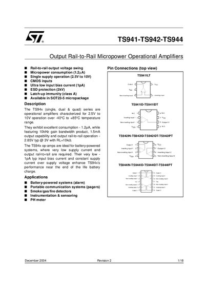 STMicroelectronics TS941/TS942/TS944 Operational Amplifier Datasheet - cover page