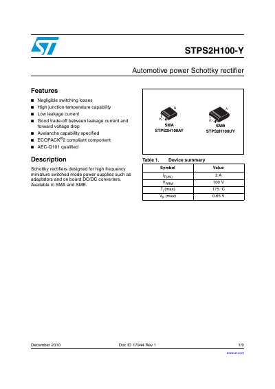 STMicroelectronics STPS2H100-Y Automotive Power Schottky Rectifier Datasheet