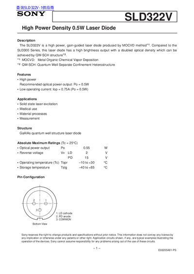 SONY SLD3022V High Power Density 0.5W Laser Diode handbook (1)