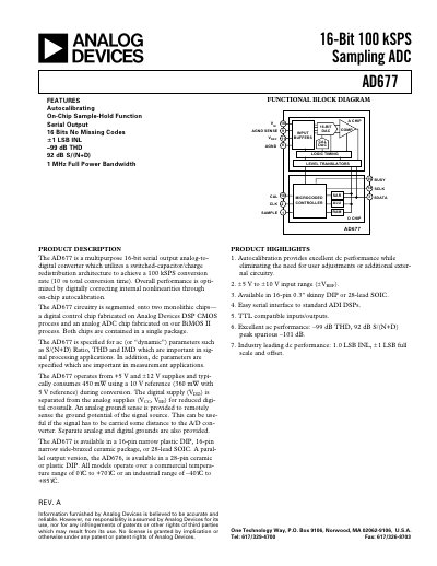 Analog Devices AD677 16‑Bit 100 kSPS ADC Datasheet - cover page