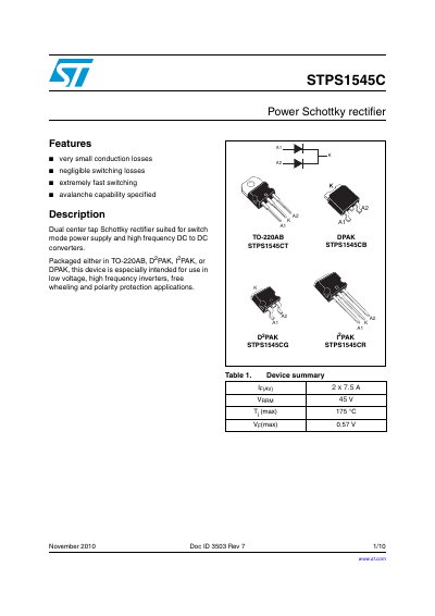 STMicroelectronics STPS1545C Power Schottky Rectifier Datasheet