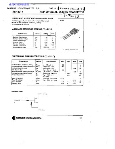 Samsung Semiconductor KSR2214 PNP Epitaxial Silicon Transistor Datasheet - cover page