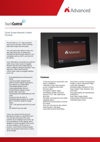 Advanced TOUCH-10 Touch Screen Remote Control Terminal Product Leaflet - cover page