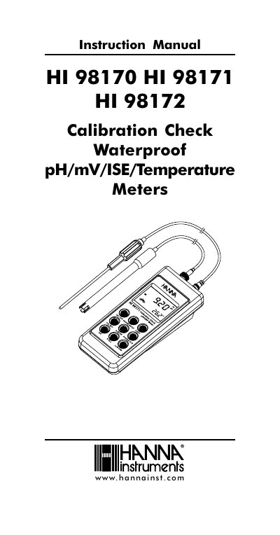 Hanna Instruments HI 98170/98171/98172 Calibration Check Waterproof pH/mV/ISE/Temperature Meters Instruction Manual - cover page