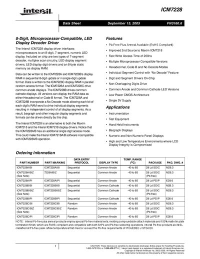 Intersil ICM7228 Datasheet - cover page