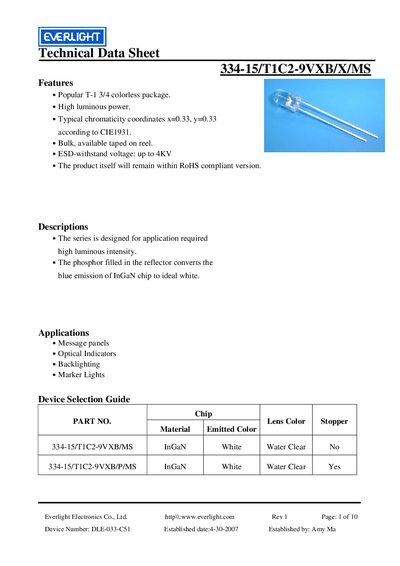Everlight DLE-033-C51 LED Technical Data Sheet - cover page