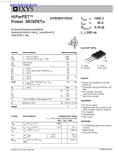 IXYS IXFB38N100Q2 Power MOSFET Datasheet - cover page