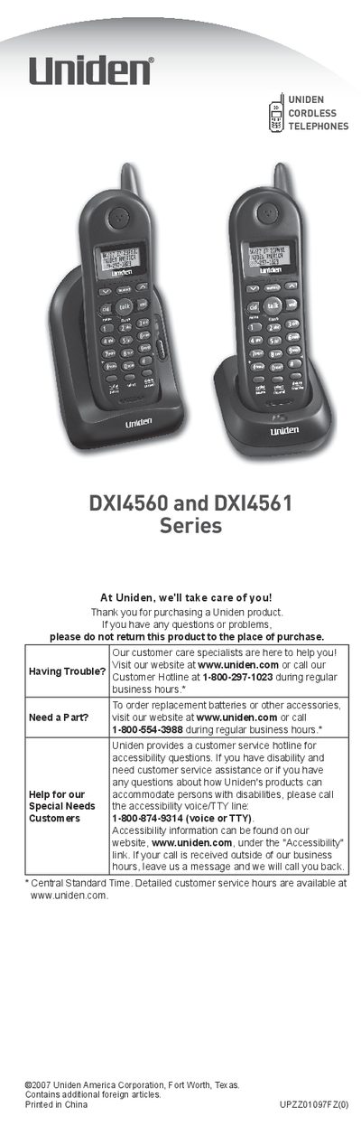 Uniden DXI4560/DXI4561 Series Cordless Telephone User Manual - cover page