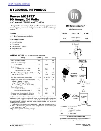 ON NTB90N02 NTP90N02 Power MOSFET 90 Amps 24 Volts N Channel D2 PAK TO 220 handbook