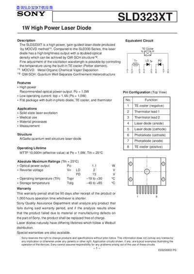 Sony SLD323XT 1W High Power Laser Diode Handbook - cover page