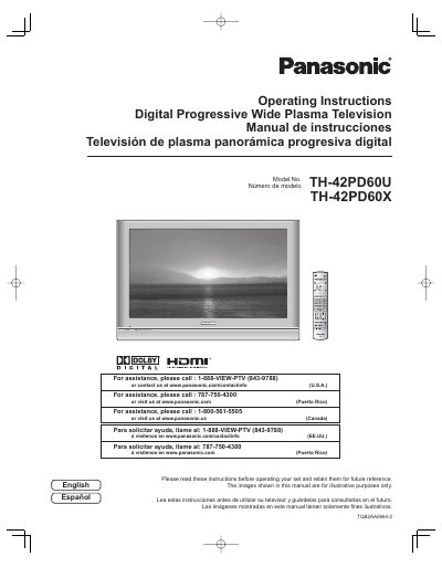 Panasonic TH-42PD60U/TH-42PD60X Digital Progressive Wide Plasma Television Operating Instructions - cover page