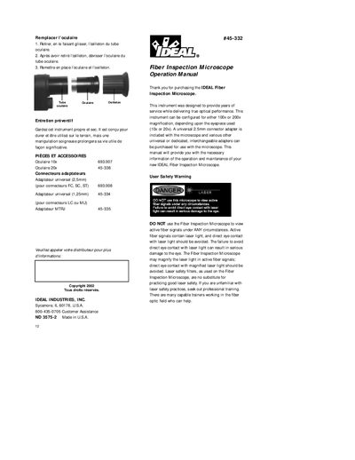 IDEAL 45-332 Fiber Inspection Microscope Operation Manual - cover page
