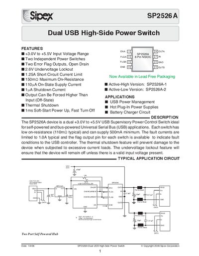 Sipex SP2526A Dual USB High-Side Power Switch Datasheet - cover page