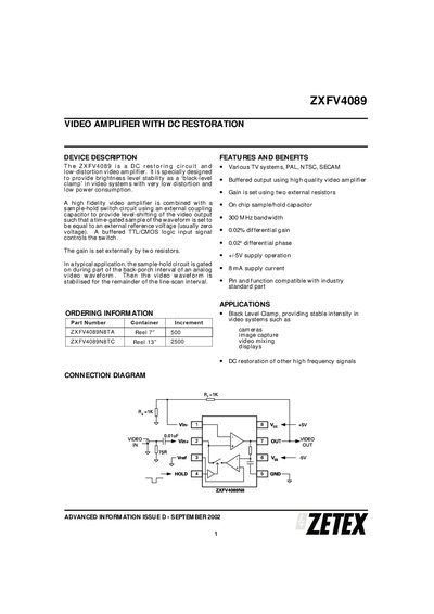 Zetex ZXFV4089 Video Amplifier with DC Restoration Datasheet - cover page